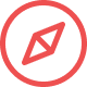 Rotes Symbol eines Kompasses mit Nadel im Kreis.